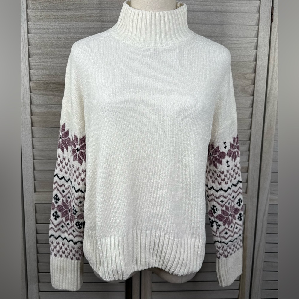CHRISTIAN SIRIANO Cozy Chenille Knit Mock Neck Fair Isle Sweater Ivory/Purple-M - Picture 1 of 2